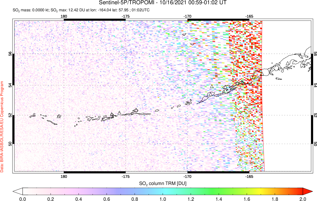 A sulfur dioxide image over Aleutian Islands, Alaska, USA on Oct 16, 2021.