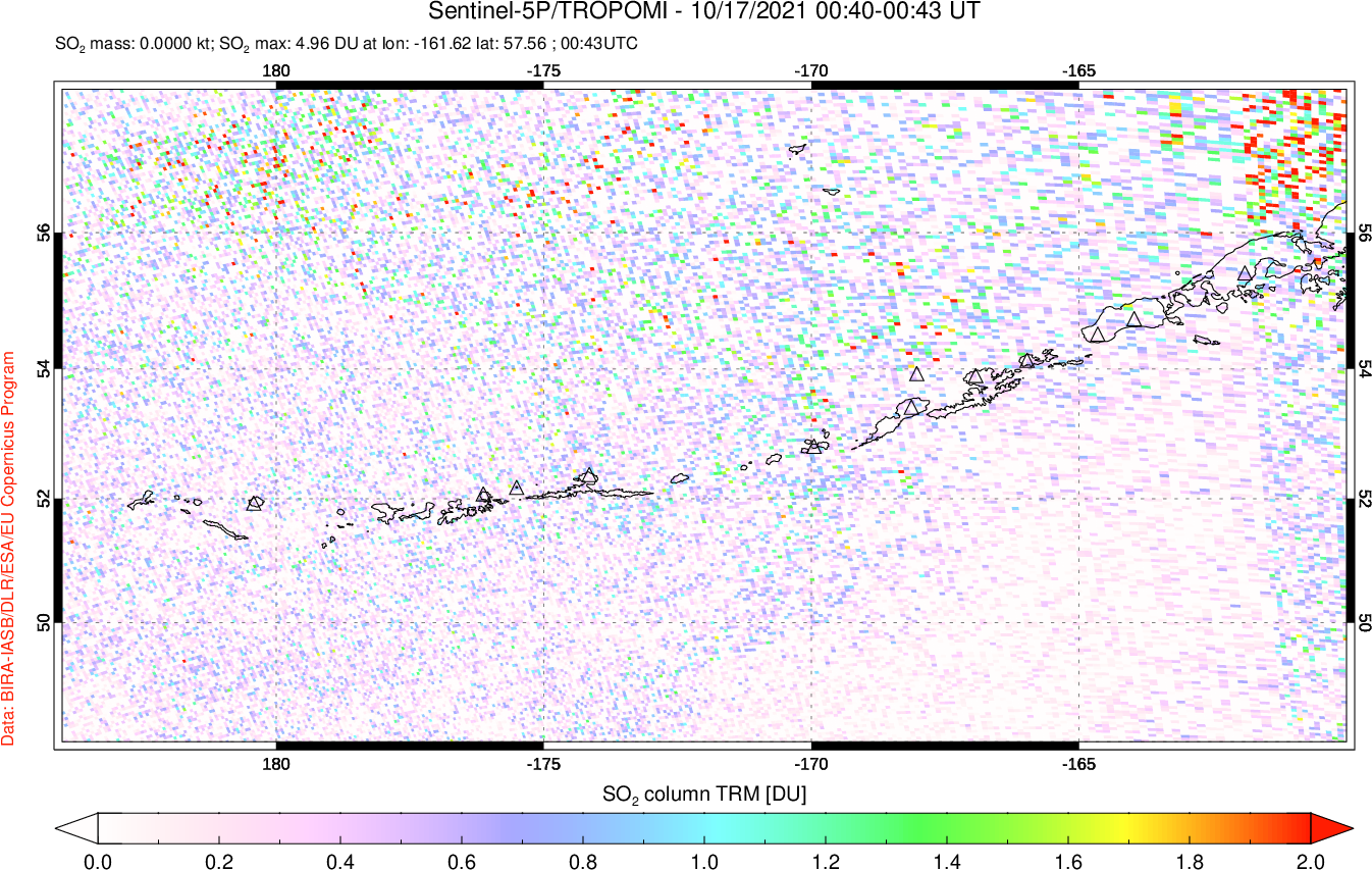 A sulfur dioxide image over Aleutian Islands, Alaska, USA on Oct 17, 2021.