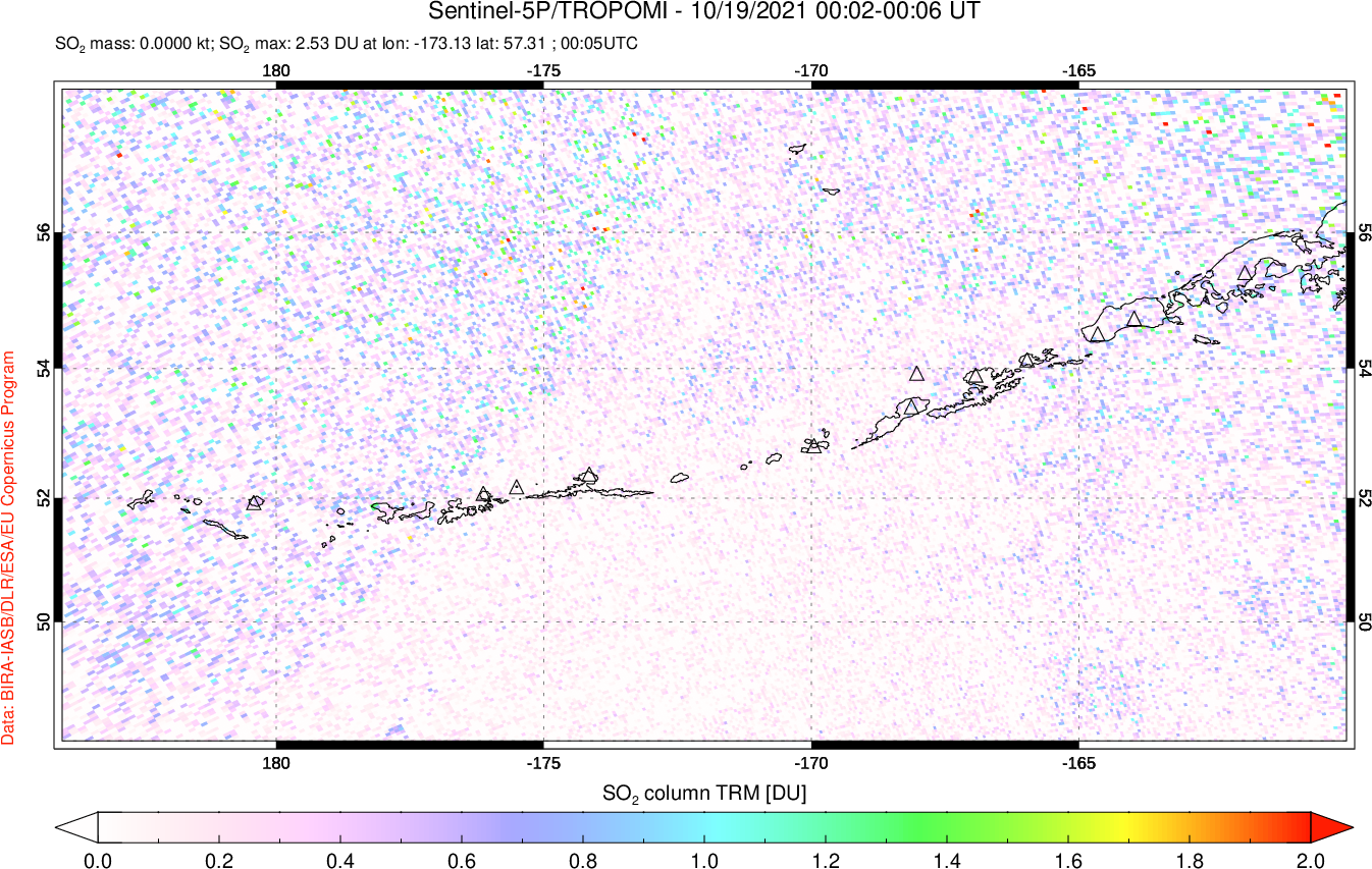 A sulfur dioxide image over Aleutian Islands, Alaska, USA on Oct 19, 2021.