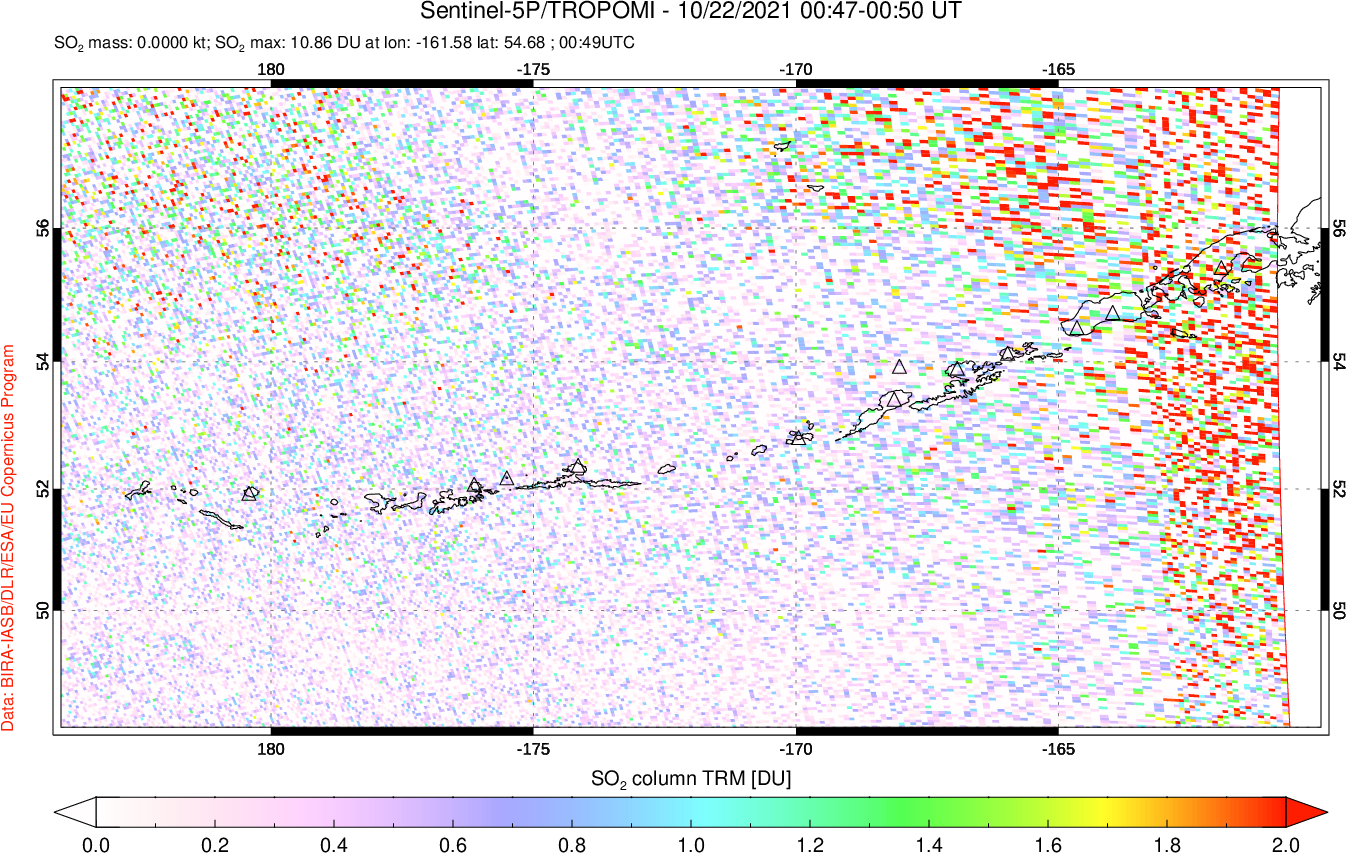 A sulfur dioxide image over Aleutian Islands, Alaska, USA on Oct 22, 2021.