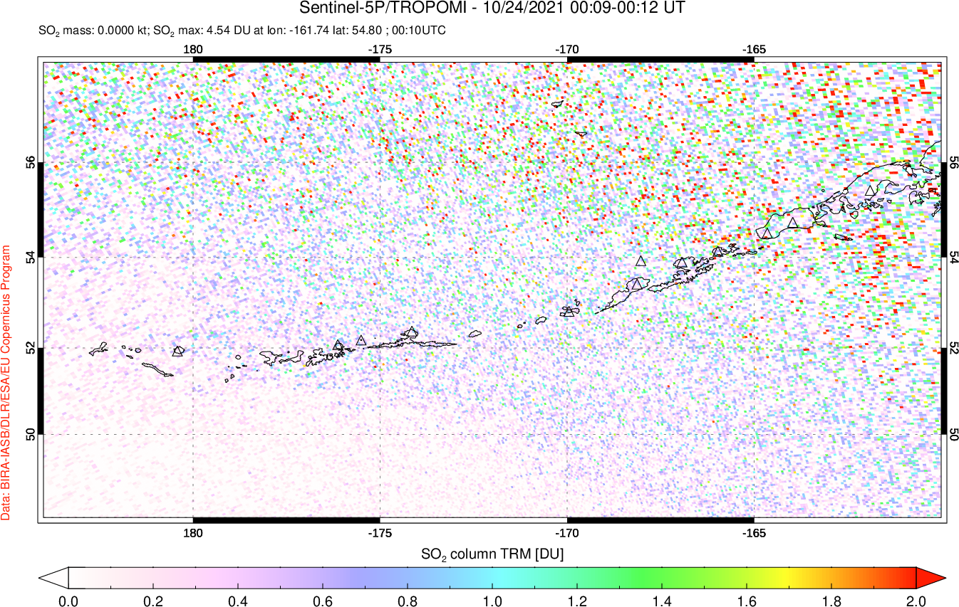 A sulfur dioxide image over Aleutian Islands, Alaska, USA on Oct 24, 2021.