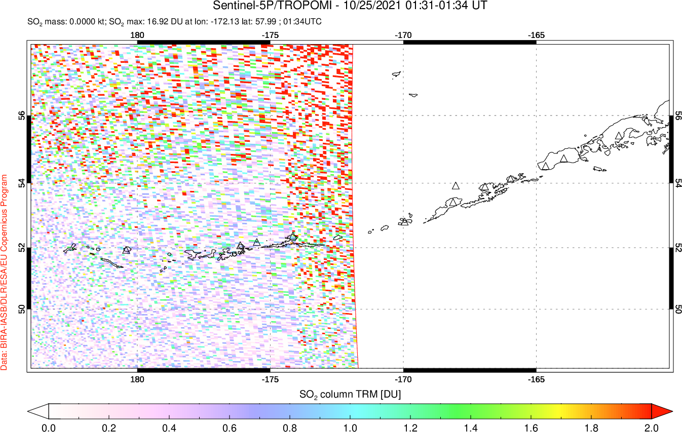 A sulfur dioxide image over Aleutian Islands, Alaska, USA on Oct 25, 2021.