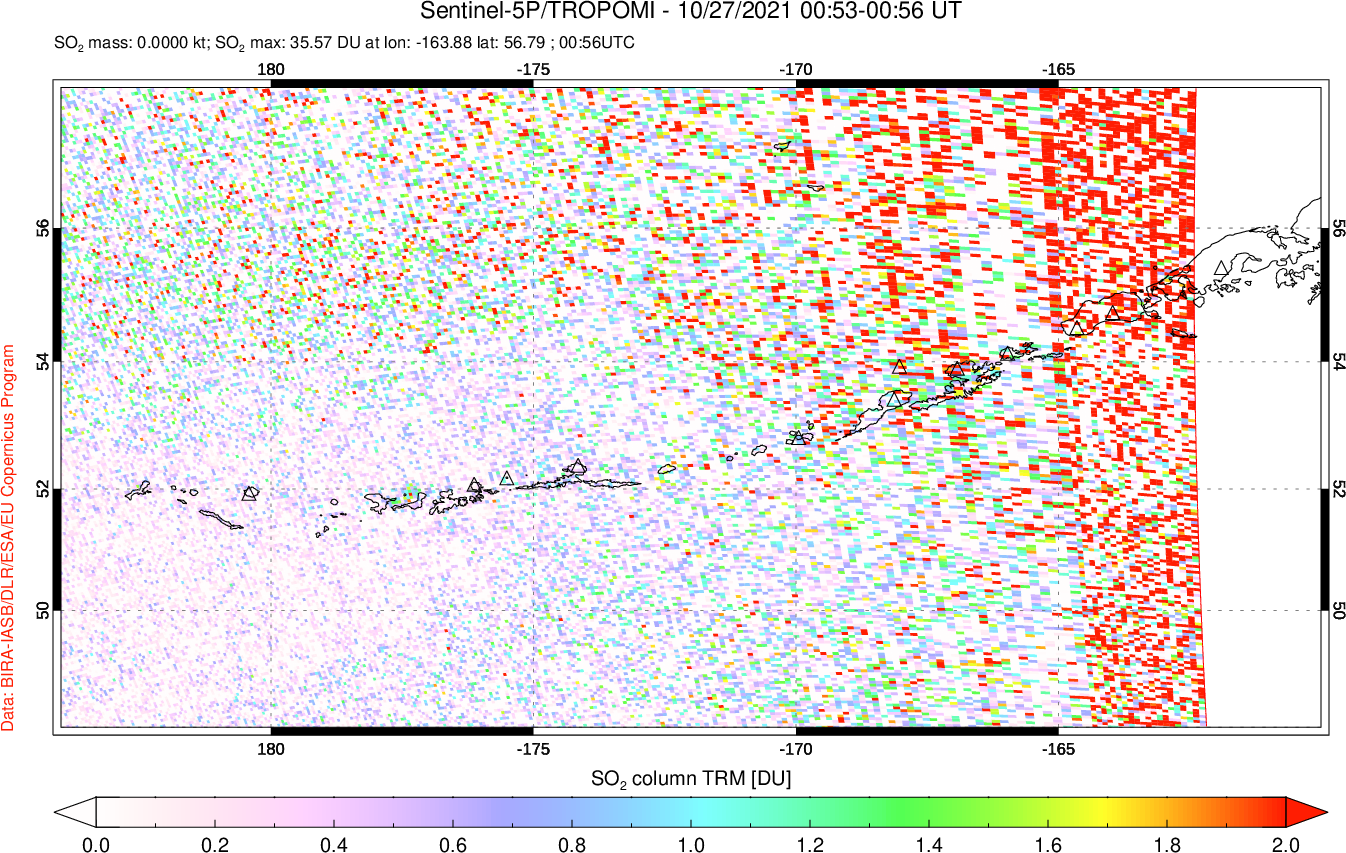 A sulfur dioxide image over Aleutian Islands, Alaska, USA on Oct 27, 2021.