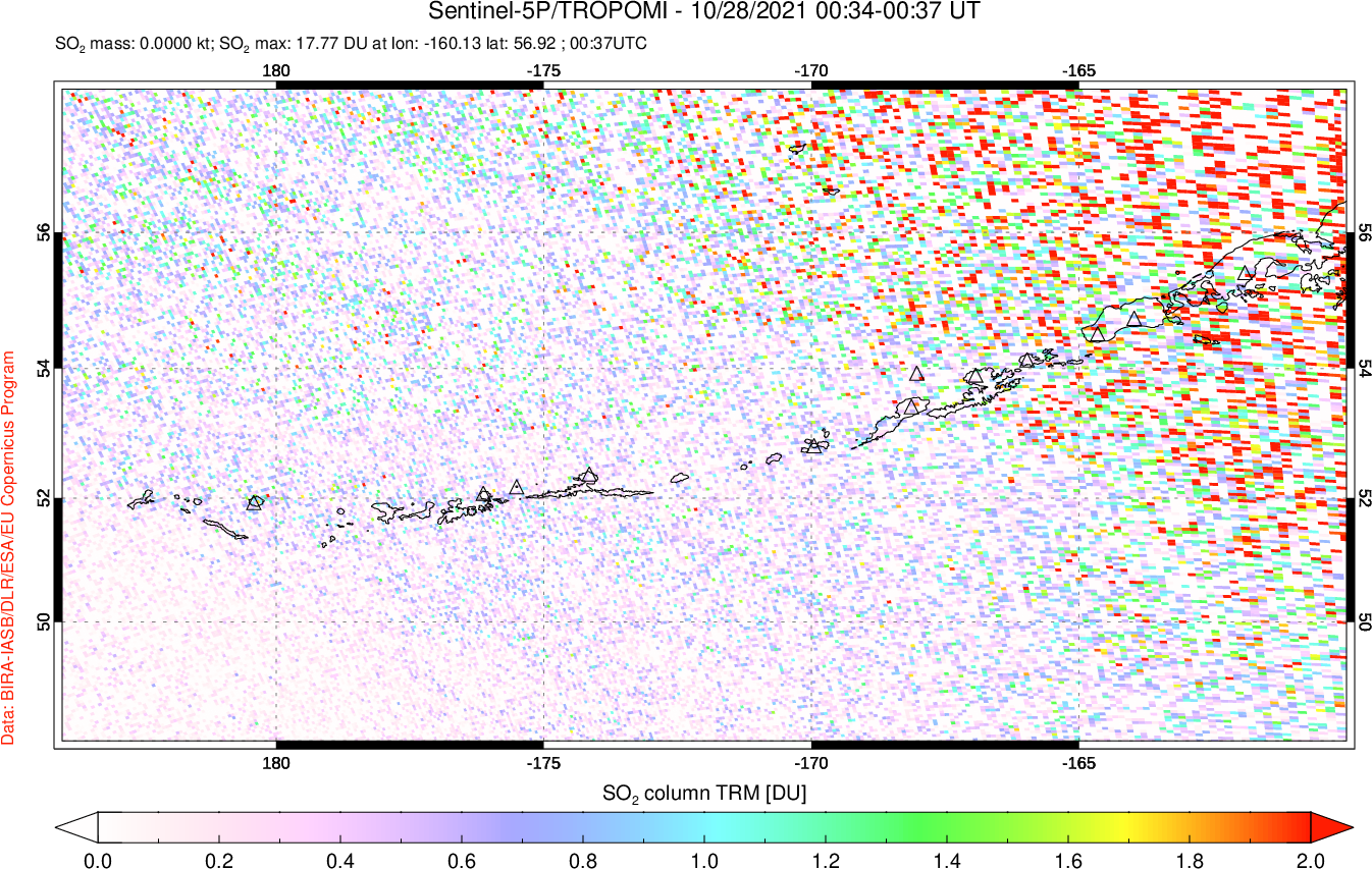 A sulfur dioxide image over Aleutian Islands, Alaska, USA on Oct 28, 2021.