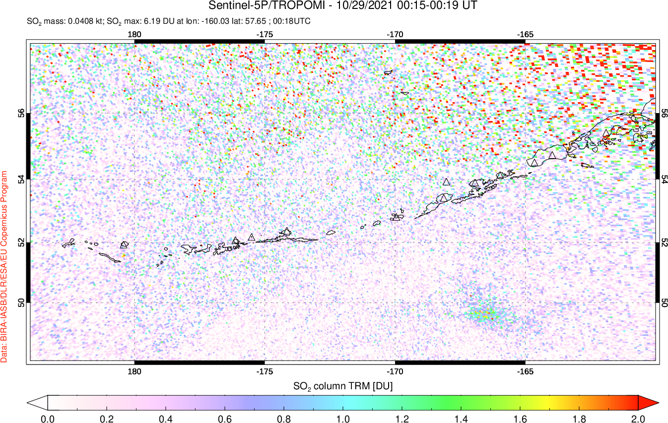 A sulfur dioxide image over Aleutian Islands, Alaska, USA on Oct 29, 2021.