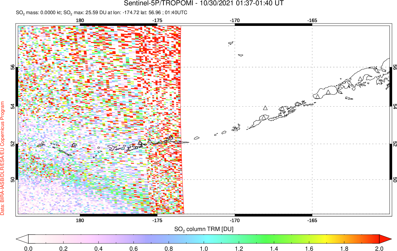 A sulfur dioxide image over Aleutian Islands, Alaska, USA on Oct 30, 2021.