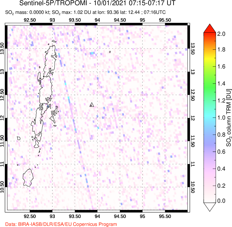 A sulfur dioxide image over Andaman Islands, Indian Ocean on Oct 01, 2021.