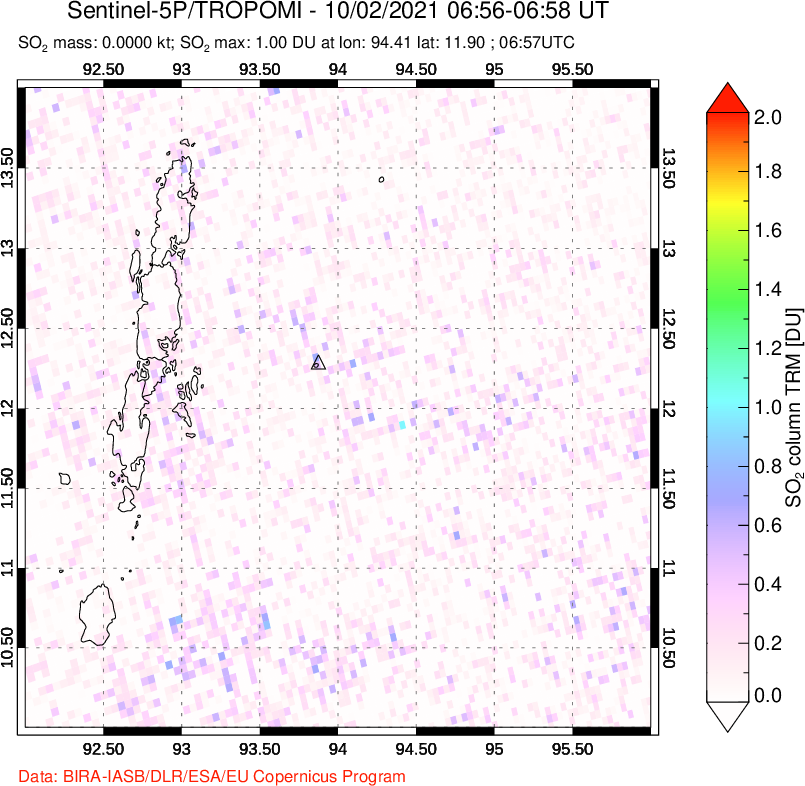 A sulfur dioxide image over Andaman Islands, Indian Ocean on Oct 02, 2021.