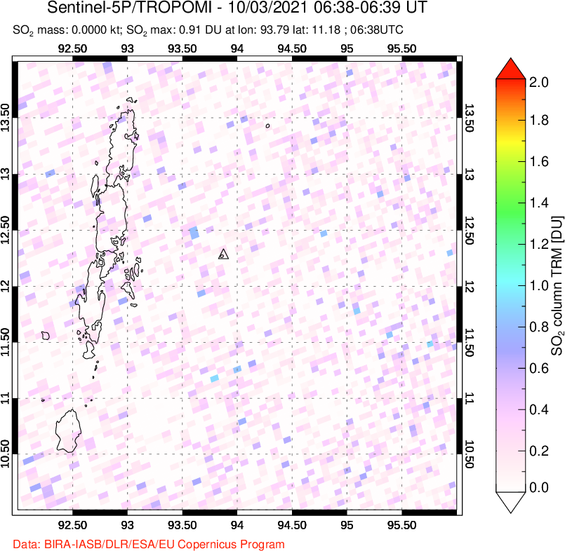 A sulfur dioxide image over Andaman Islands, Indian Ocean on Oct 03, 2021.