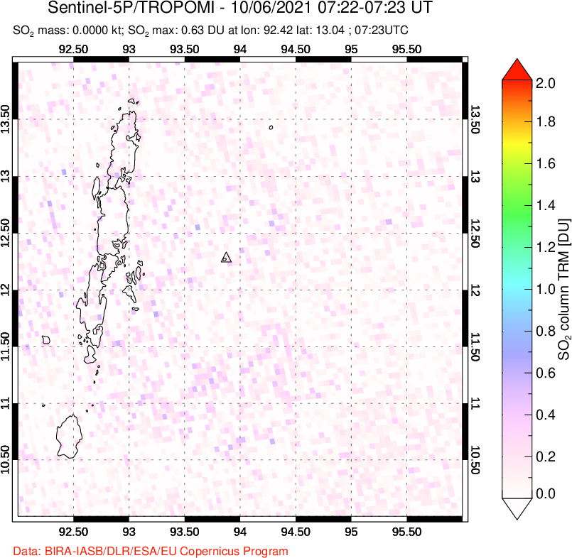 A sulfur dioxide image over Andaman Islands, Indian Ocean on Oct 06, 2021.
