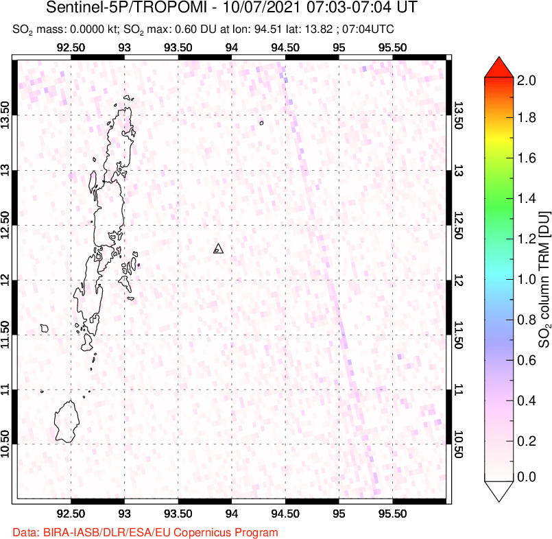 A sulfur dioxide image over Andaman Islands, Indian Ocean on Oct 07, 2021.