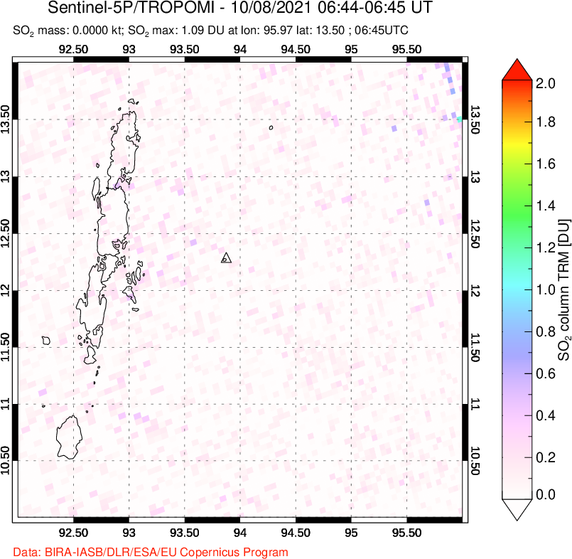 A sulfur dioxide image over Andaman Islands, Indian Ocean on Oct 08, 2021.