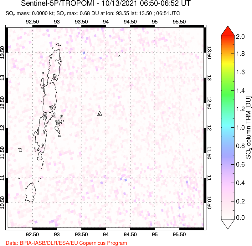 A sulfur dioxide image over Andaman Islands, Indian Ocean on Oct 13, 2021.