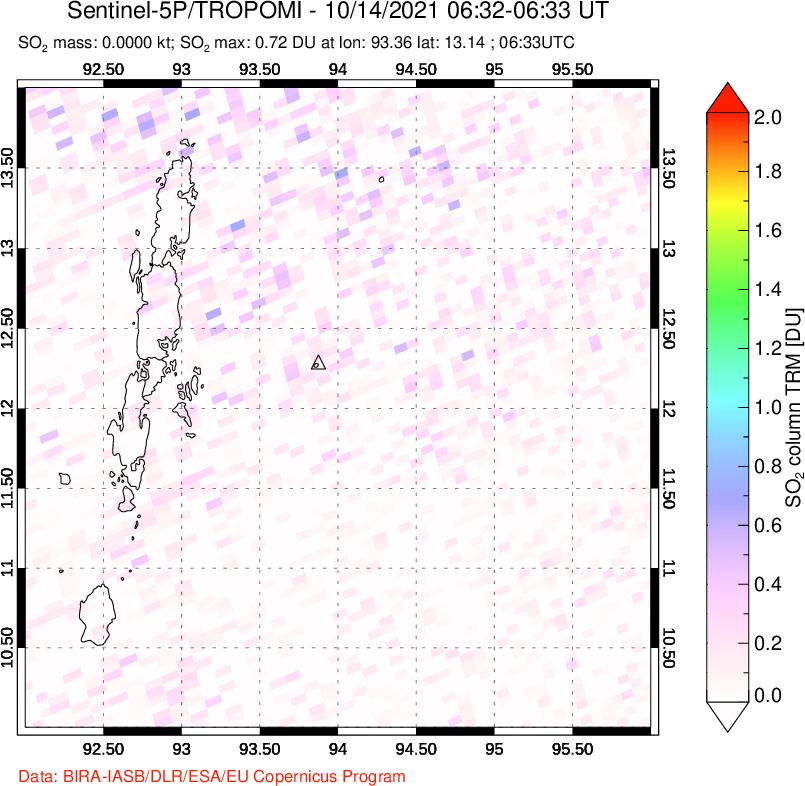 A sulfur dioxide image over Andaman Islands, Indian Ocean on Oct 14, 2021.