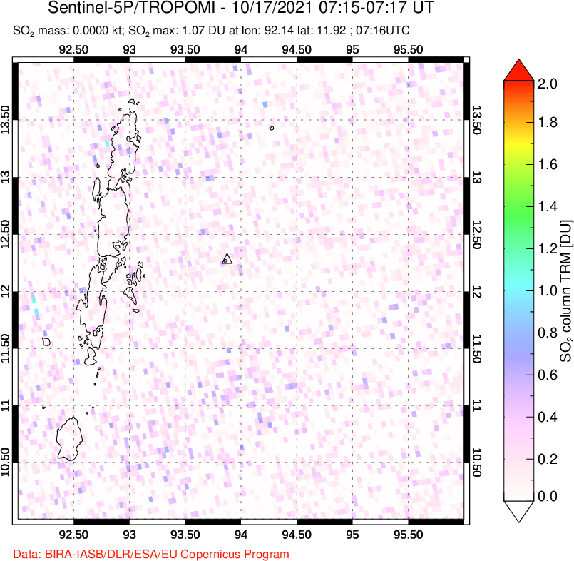 A sulfur dioxide image over Andaman Islands, Indian Ocean on Oct 17, 2021.