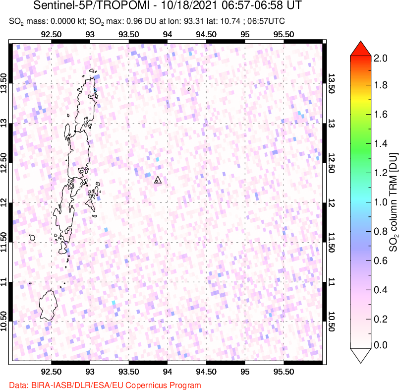 A sulfur dioxide image over Andaman Islands, Indian Ocean on Oct 18, 2021.