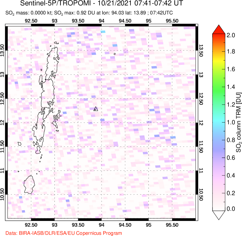 A sulfur dioxide image over Andaman Islands, Indian Ocean on Oct 21, 2021.