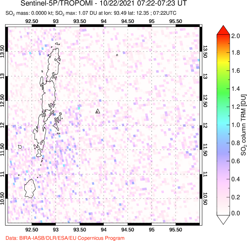 A sulfur dioxide image over Andaman Islands, Indian Ocean on Oct 22, 2021.