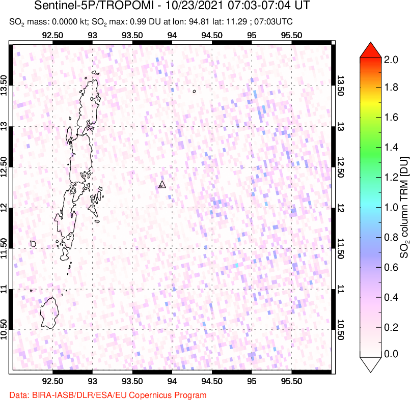 A sulfur dioxide image over Andaman Islands, Indian Ocean on Oct 23, 2021.