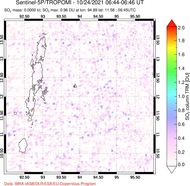 A sulfur dioxide image over Andaman Islands, Indian Ocean on Oct 24, 2021.