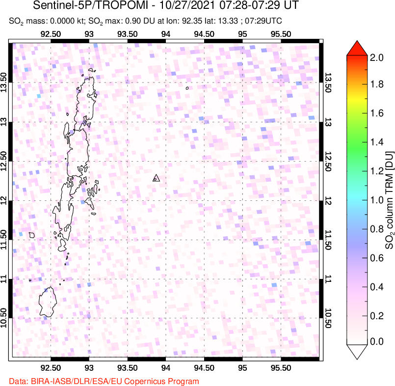A sulfur dioxide image over Andaman Islands, Indian Ocean on Oct 27, 2021.