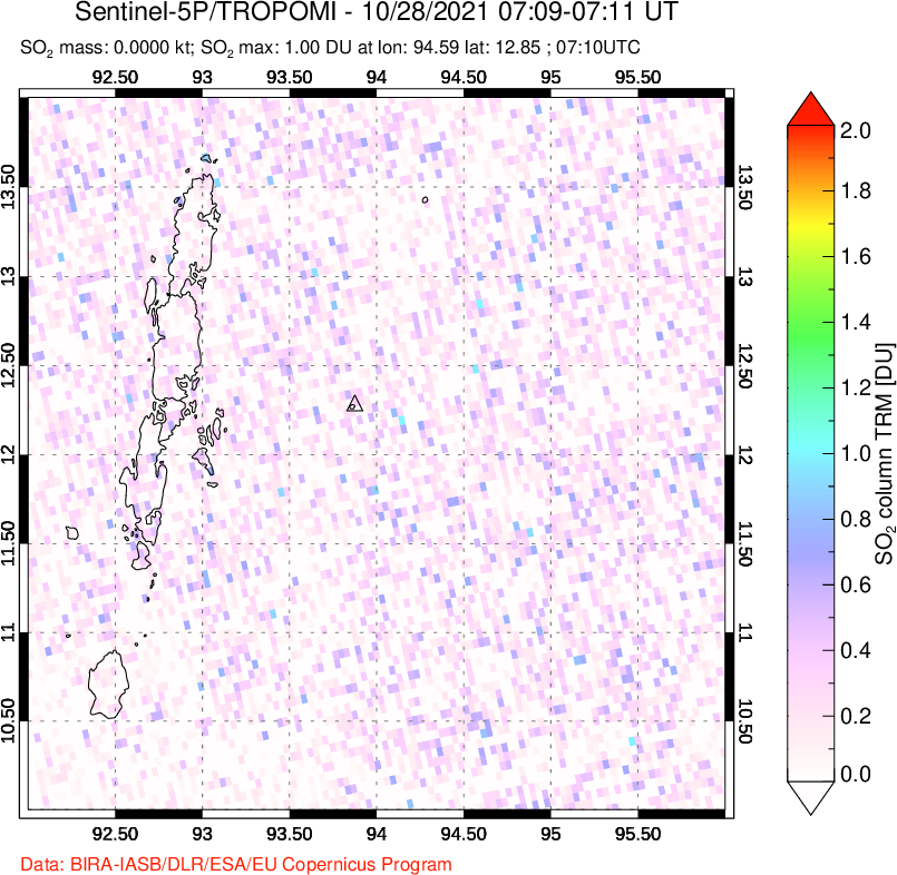 A sulfur dioxide image over Andaman Islands, Indian Ocean on Oct 28, 2021.