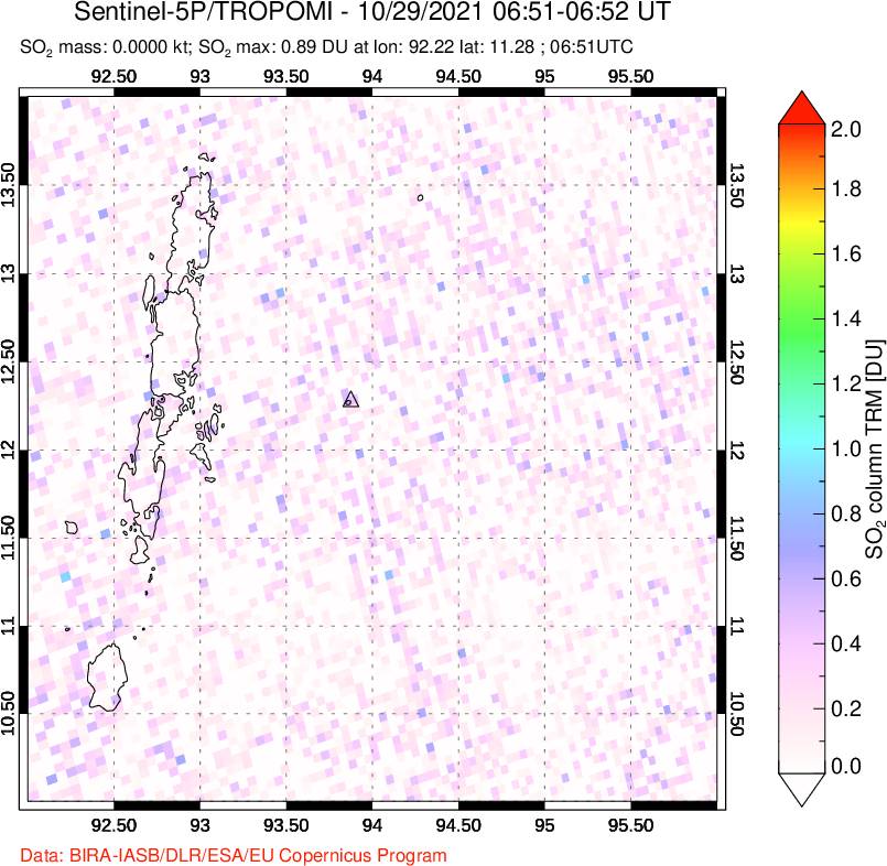 A sulfur dioxide image over Andaman Islands, Indian Ocean on Oct 29, 2021.