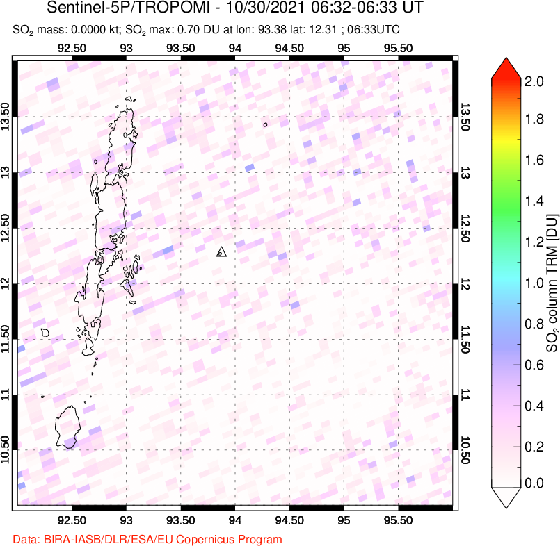 A sulfur dioxide image over Andaman Islands, Indian Ocean on Oct 30, 2021.