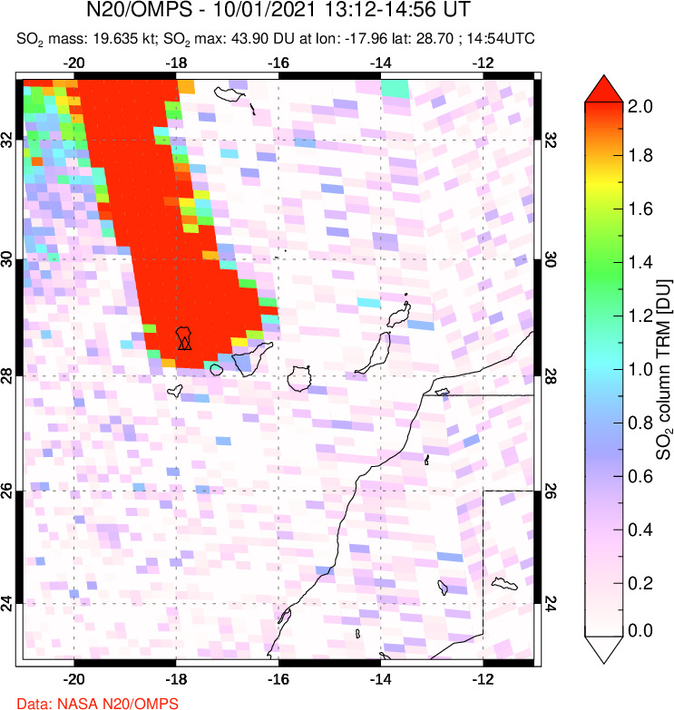 A sulfur dioxide image over Canary Islands on Oct 01, 2021.