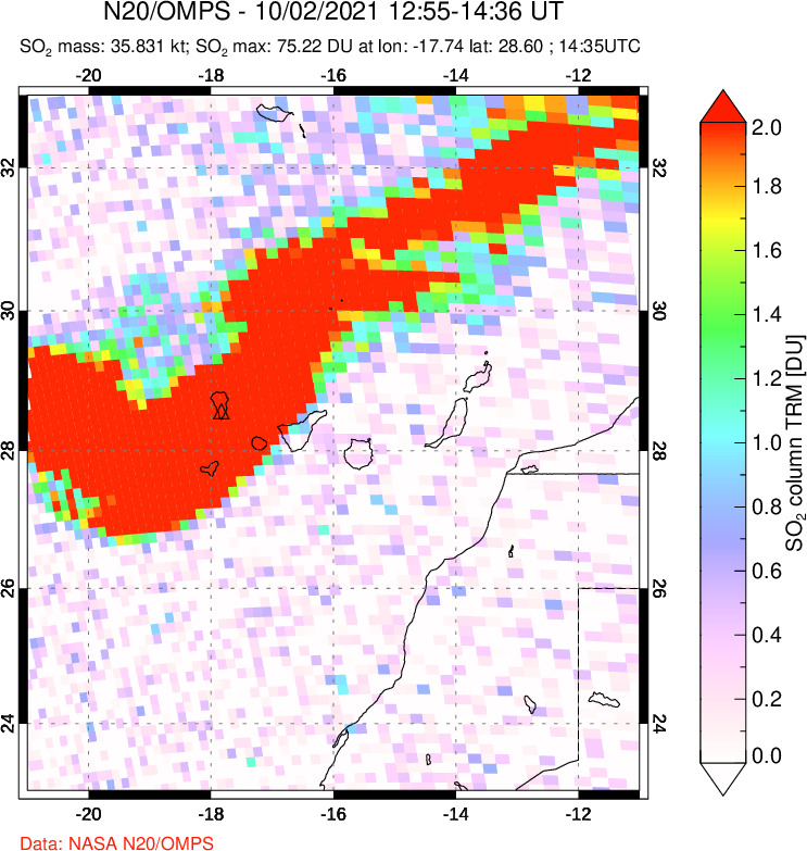 A sulfur dioxide image over Canary Islands on Oct 02, 2021.