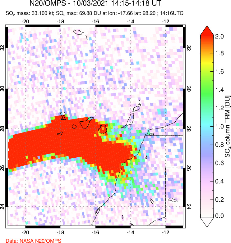 A sulfur dioxide image over Canary Islands on Oct 03, 2021.