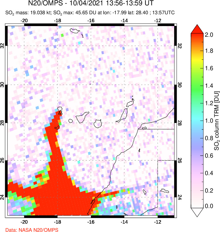 A sulfur dioxide image over Canary Islands on Oct 04, 2021.