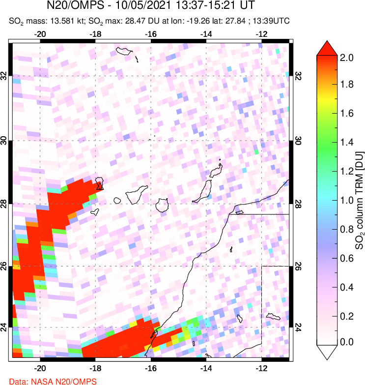 A sulfur dioxide image over Canary Islands on Oct 05, 2021.