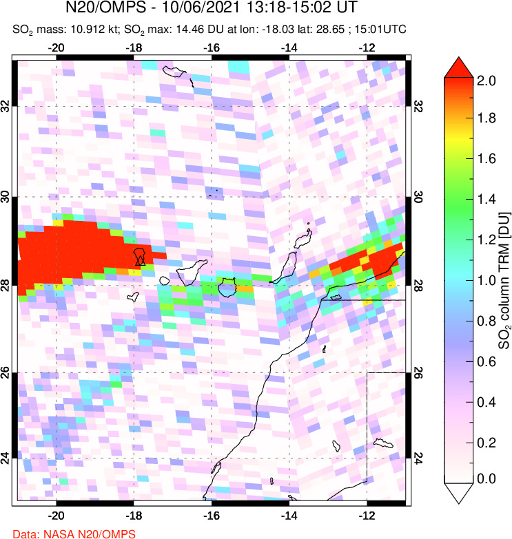 A sulfur dioxide image over Canary Islands on Oct 06, 2021.