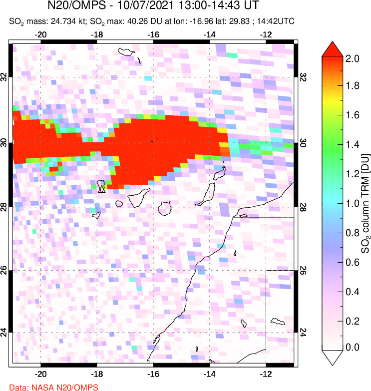 A sulfur dioxide image over Canary Islands on Oct 07, 2021.