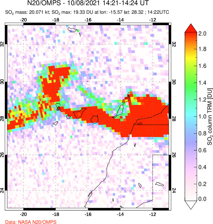 A sulfur dioxide image over Canary Islands on Oct 08, 2021.