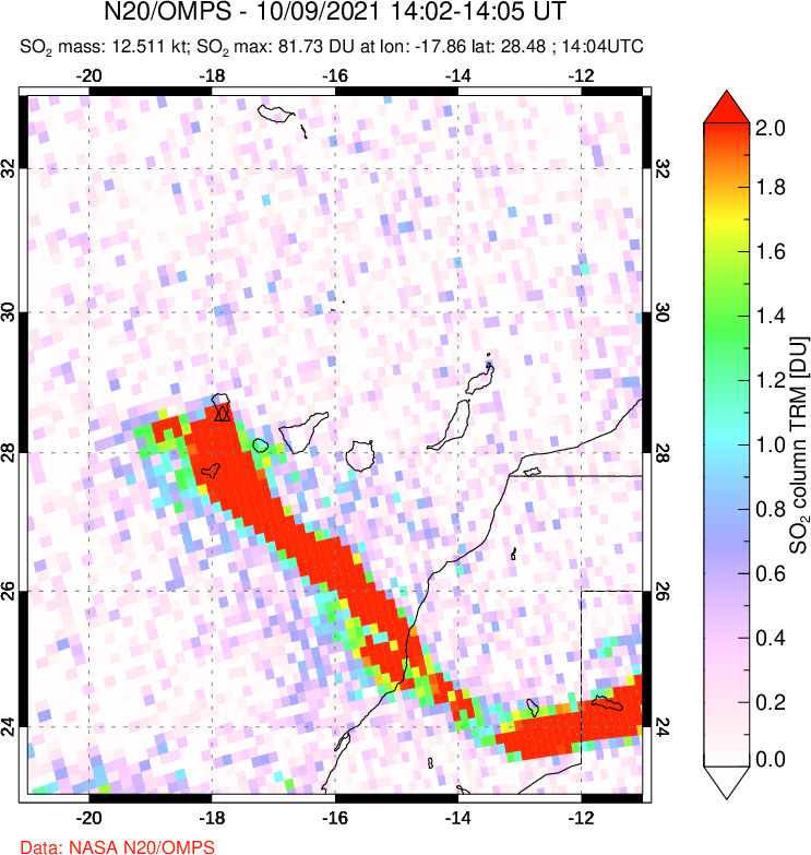 A sulfur dioxide image over Canary Islands on Oct 09, 2021.