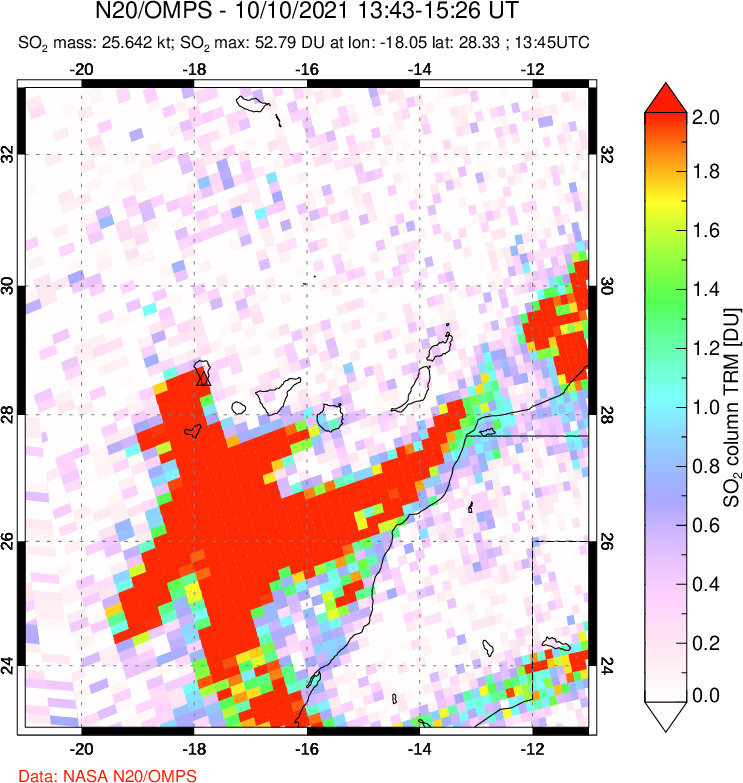 A sulfur dioxide image over Canary Islands on Oct 10, 2021.