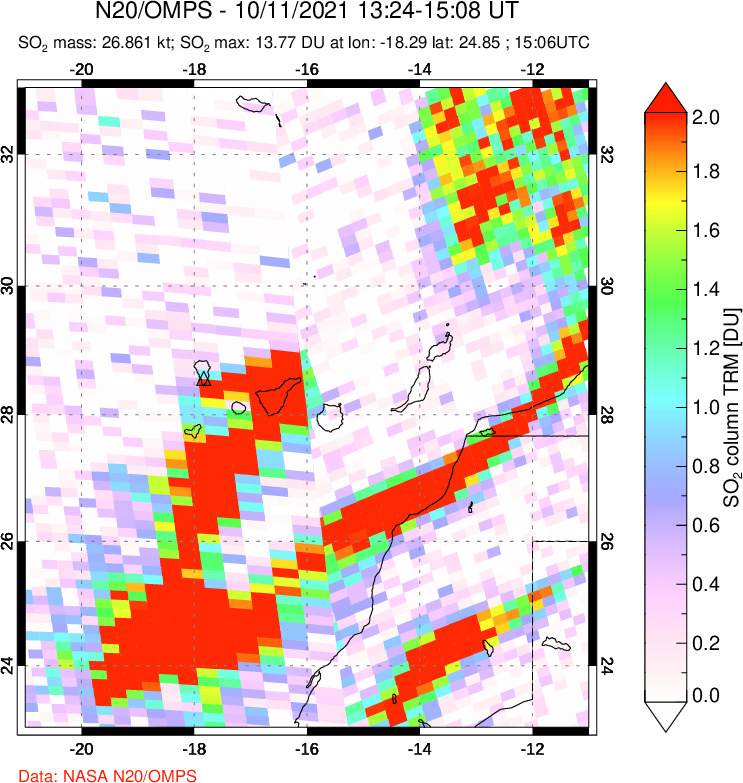 A sulfur dioxide image over Canary Islands on Oct 11, 2021.