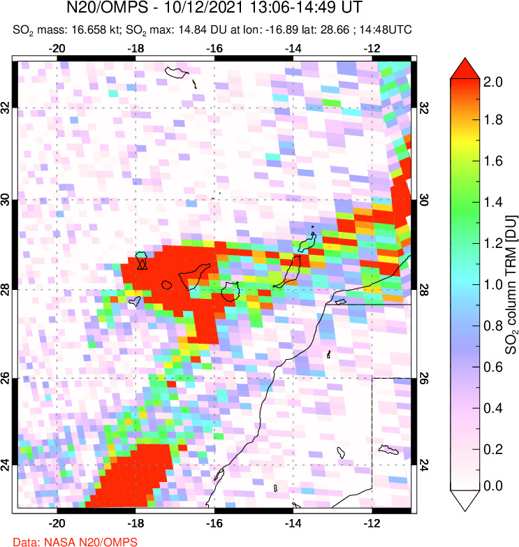 A sulfur dioxide image over Canary Islands on Oct 12, 2021.