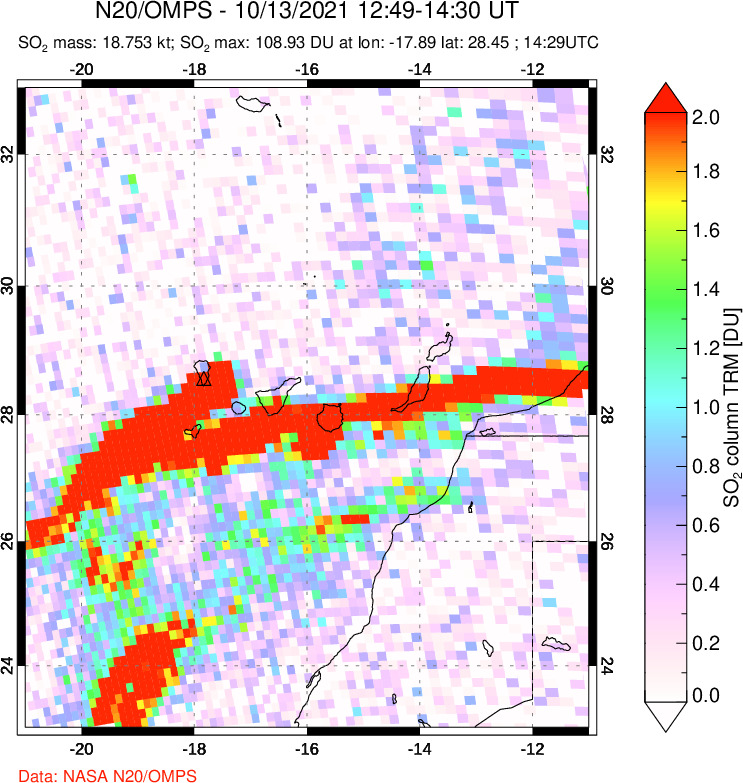 A sulfur dioxide image over Canary Islands on Oct 13, 2021.