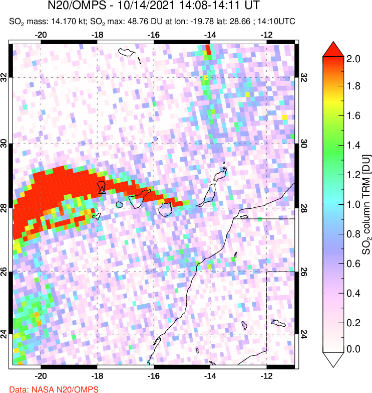 A sulfur dioxide image over Canary Islands on Oct 14, 2021.