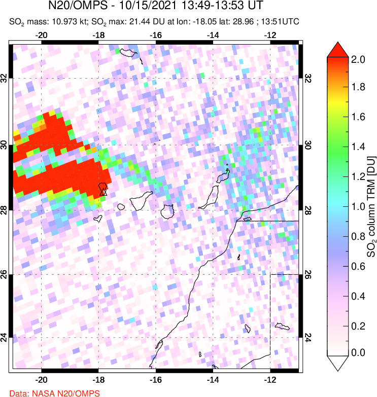 A sulfur dioxide image over Canary Islands on Oct 15, 2021.