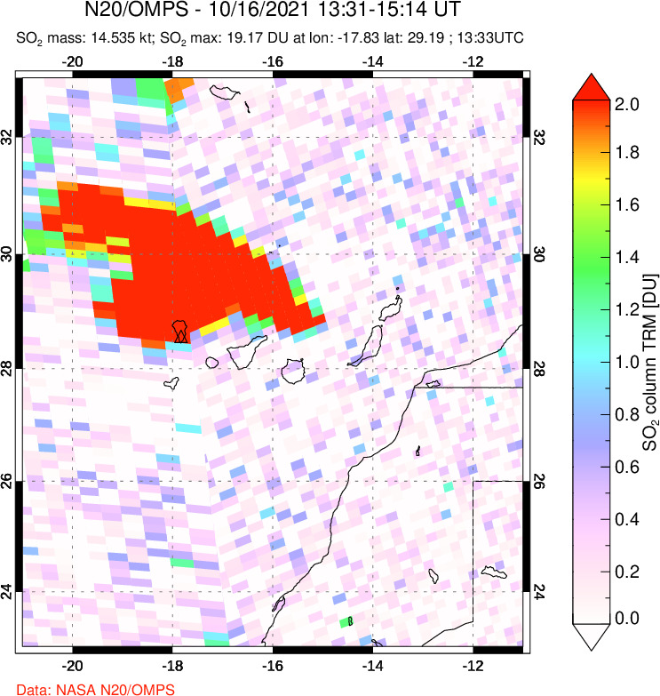 A sulfur dioxide image over Canary Islands on Oct 16, 2021.