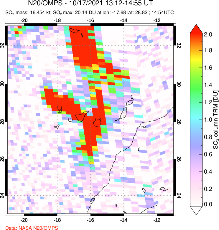 A sulfur dioxide image over Canary Islands on Oct 17, 2021.