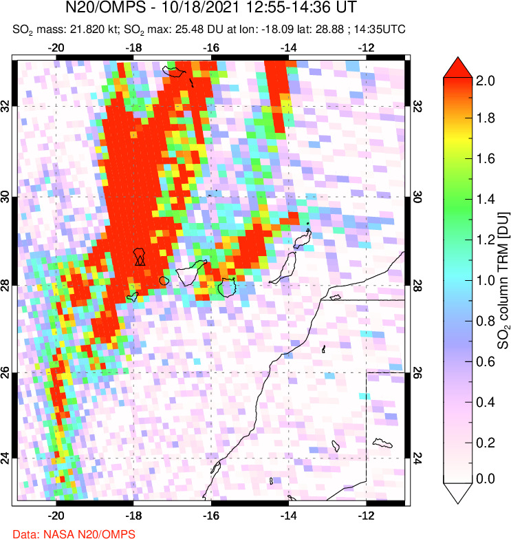 A sulfur dioxide image over Canary Islands on Oct 18, 2021.