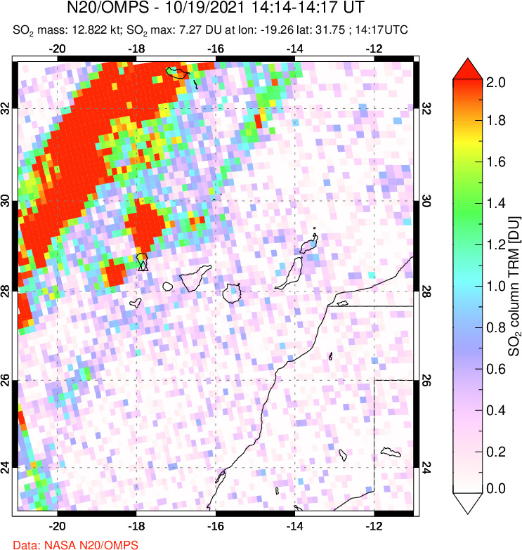 A sulfur dioxide image over Canary Islands on Oct 19, 2021.