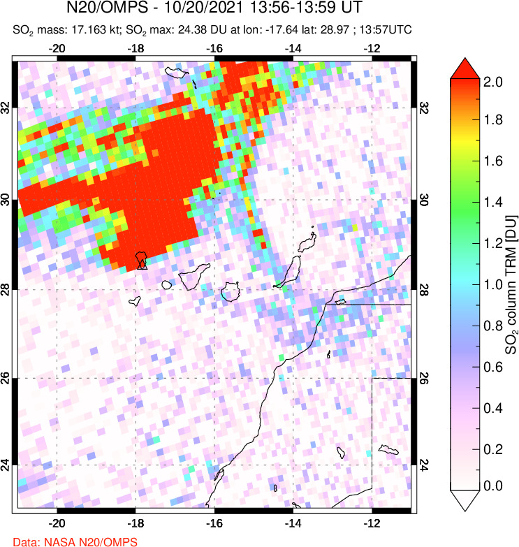 A sulfur dioxide image over Canary Islands on Oct 20, 2021.