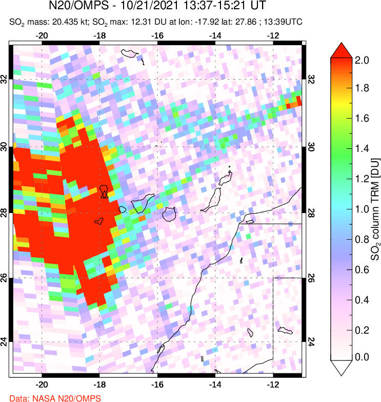 A sulfur dioxide image over Canary Islands on Oct 21, 2021.