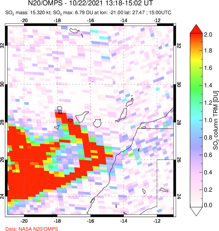 A sulfur dioxide image over Canary Islands on Oct 22, 2021.